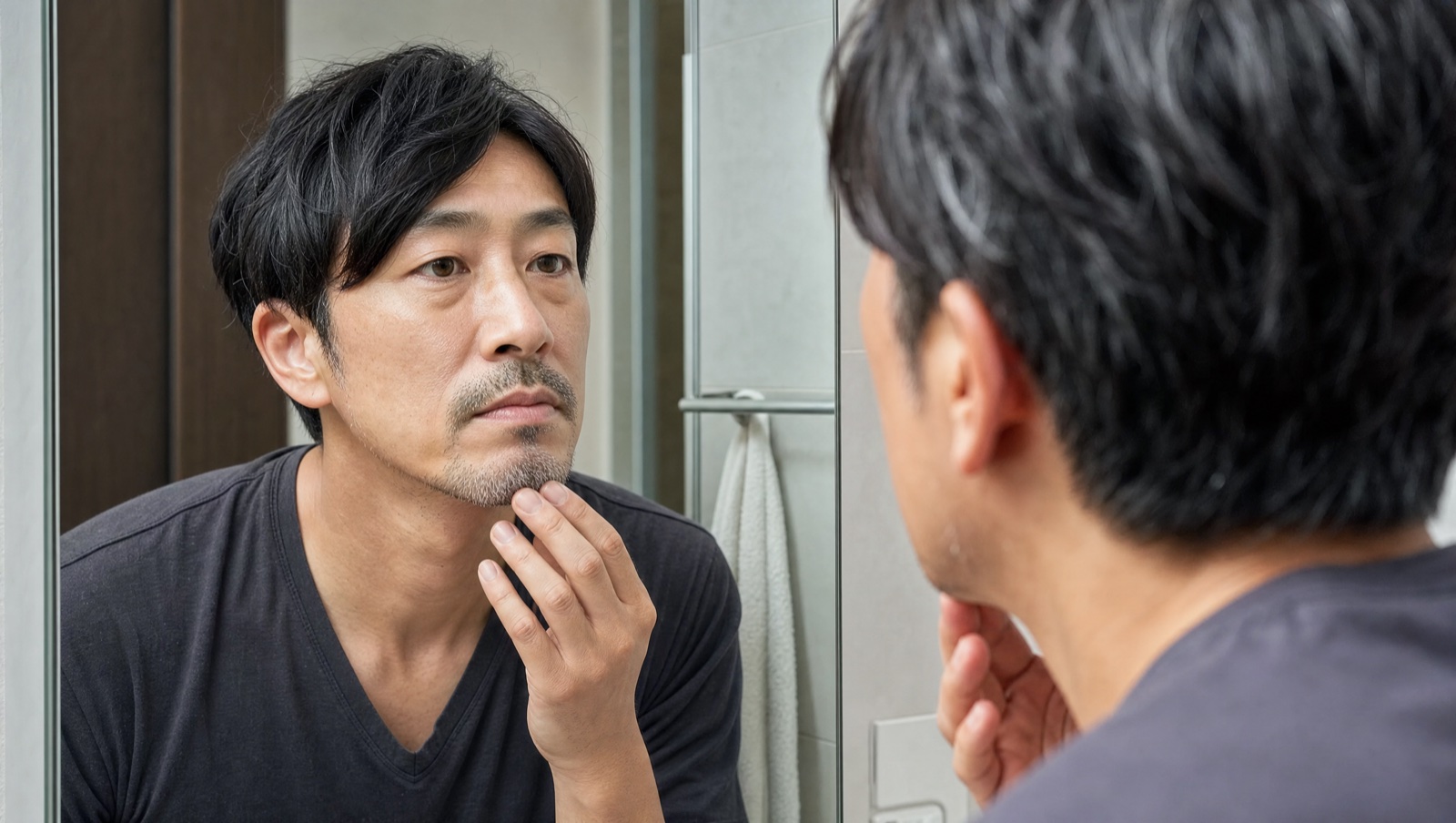 鏡で白髪ヒゲを確認する男性