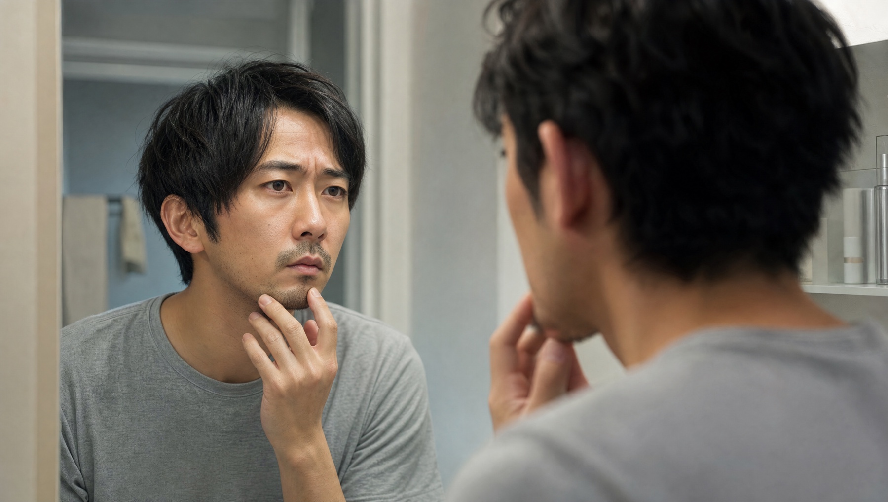 鏡の前でヒゲを触りながら悩む男性
