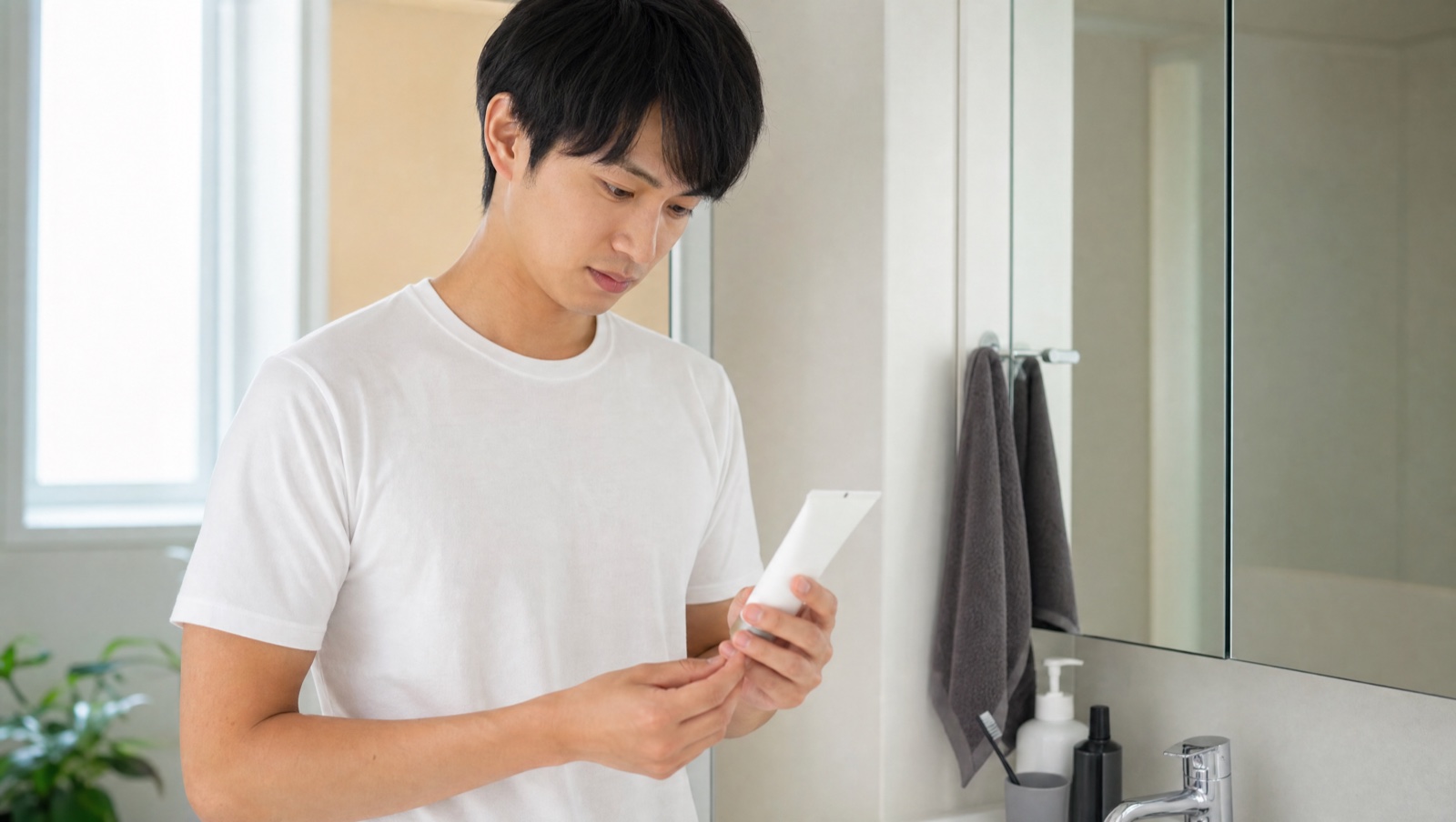除毛クリームの使用上の注意を確認する男性