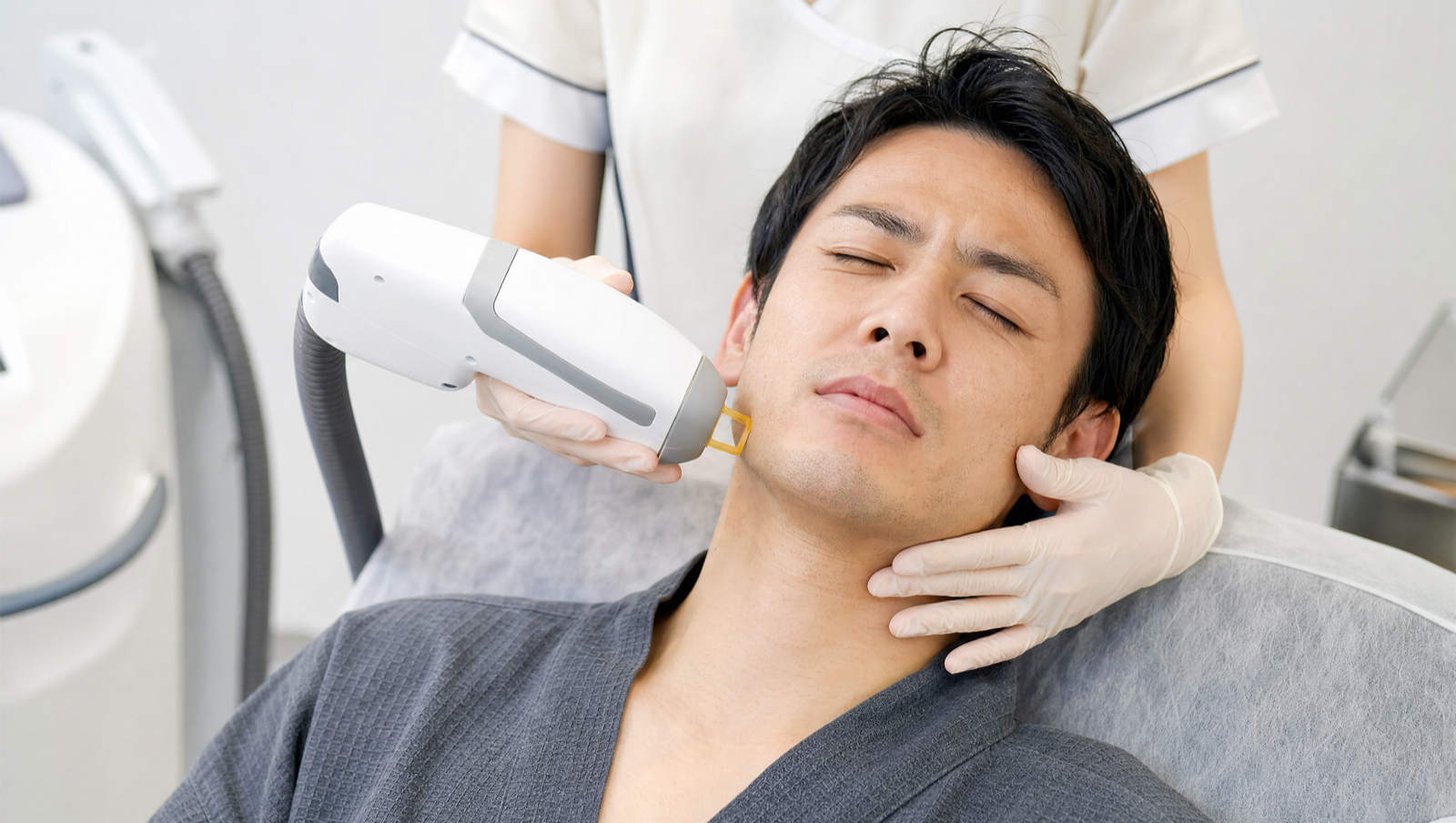 施術中に痛みを我慢する男性